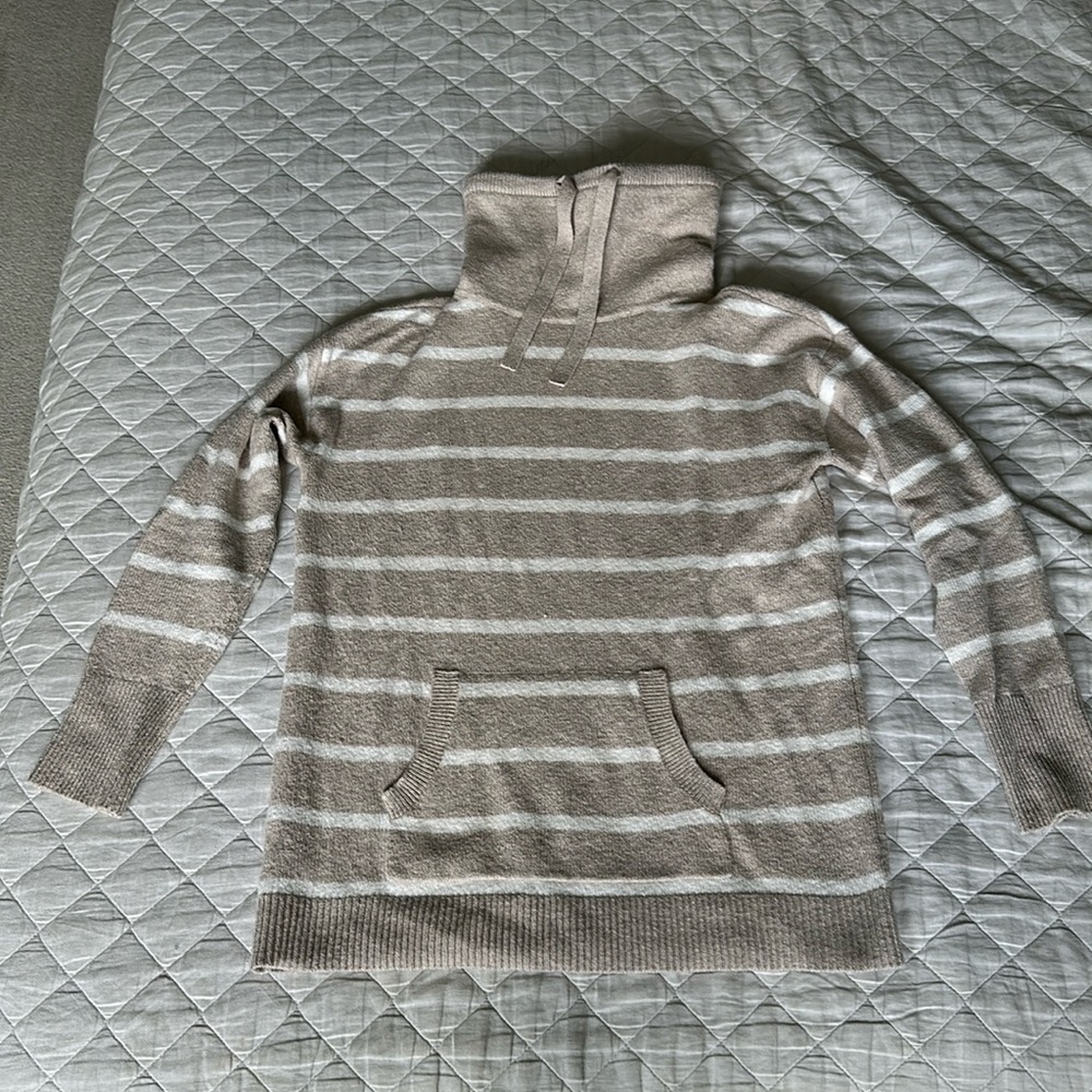LOFT tan and cream striped sweater with cowl neck with ties. Size small